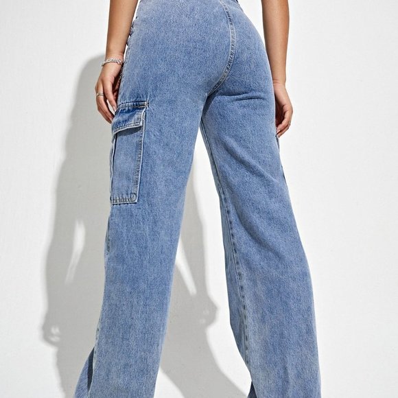 Light Wash Casual Womens High Waist Flap Pocket Side Cargo Jeans - Picture 2 of 5